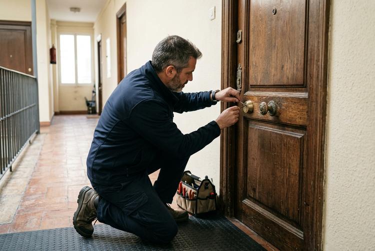 Cerrajero trabajando con precisión en una puerta de vivienda en Alcobendas