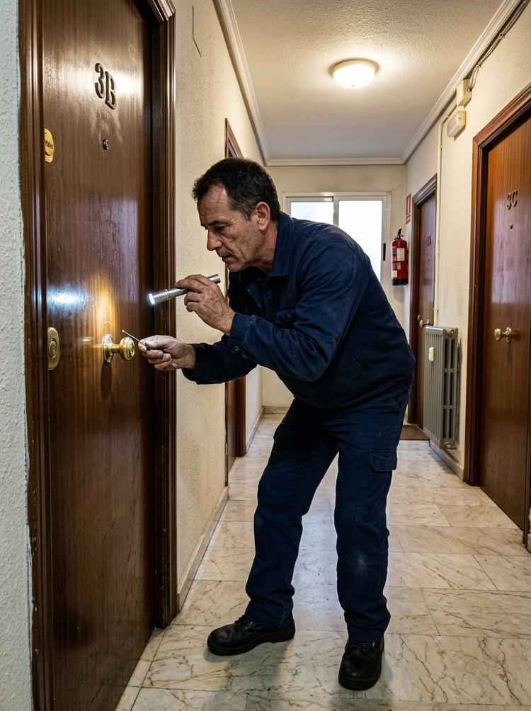 Técnico realizando inspección documental de una cerradura residencial en Alcobendas