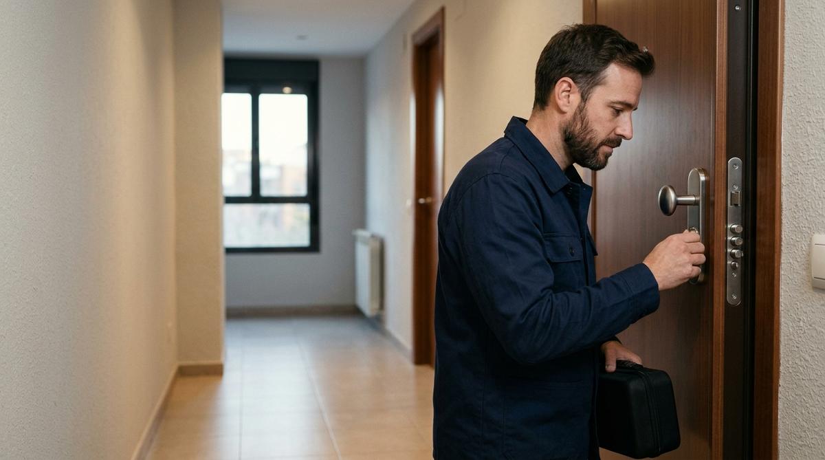 Cerrajero profesional examinando el cilindro de una puerta en Alcobendas
